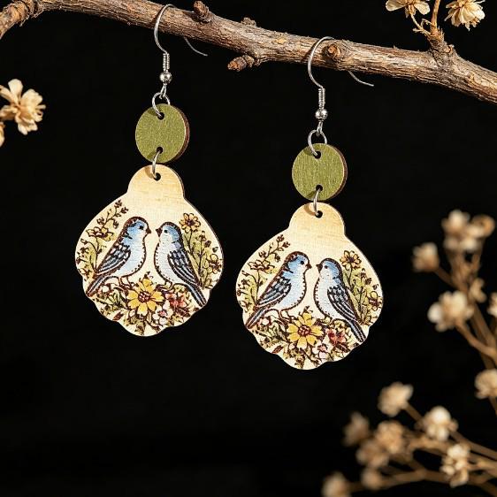 Retro Geometric Bird & Flower Wooden Earrings