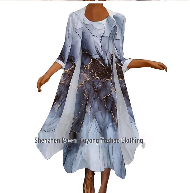 Women's Chiffon Print Round Neck Two-Piece Autumn Dress - Loose Fit