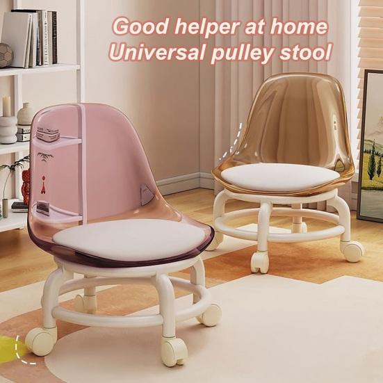 Low Rolling Stool with Backrest 360 Degrees Swivel Wheels Faux Leather Cushion
