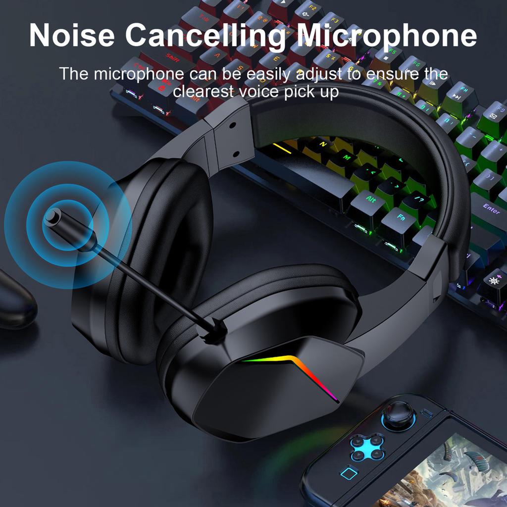 Wireless Gaming Headset with LED Lights, Low Latency Gaming Headphones, 40mm Drivers, Over-Ear Gaming Earphones with Omnidirectional Microphone, Ad