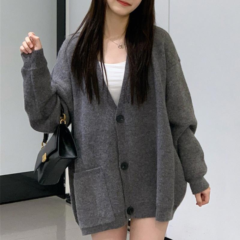 Lazy Wind Gray Knitted Cardigan Women's Fall Loose Sweater Jacket In The Middle of The Long Paragraph Tops Comfortable Versatile and Fashionable