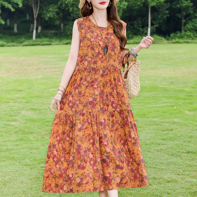 Elegant Sleeveless Dress for Women Plus Size Loose Vintage Print Long Dress Summer Middle-aged Women's Clothing