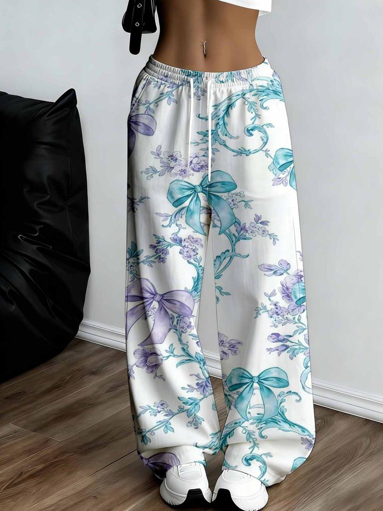 Women's Plus Size Wide Leg Pants Flower Bow Print High Waisted Loose Pants