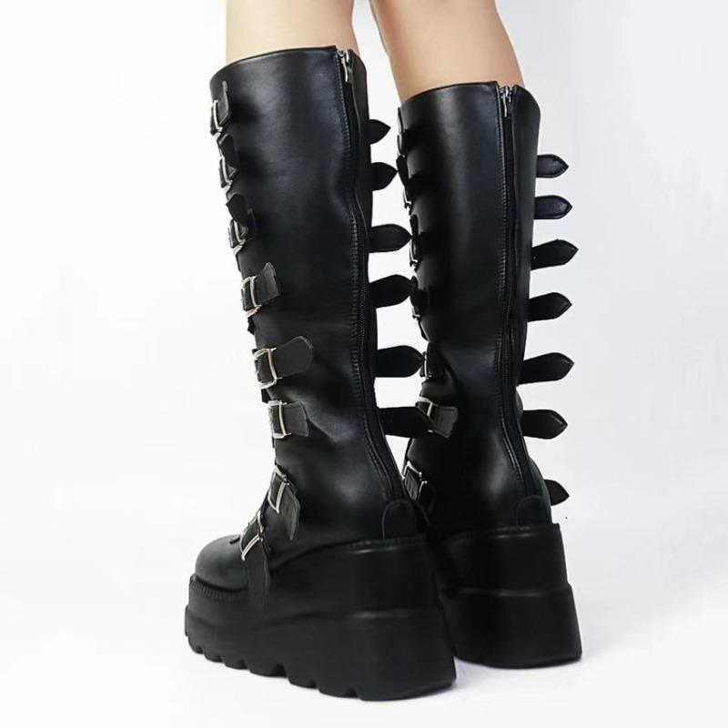 Fashion Womens Knee High Boots Fashion Gothic Boots Metal Buckle Punk Boot Height Increasing Platform Boots Women Motorcycles Boot Botas