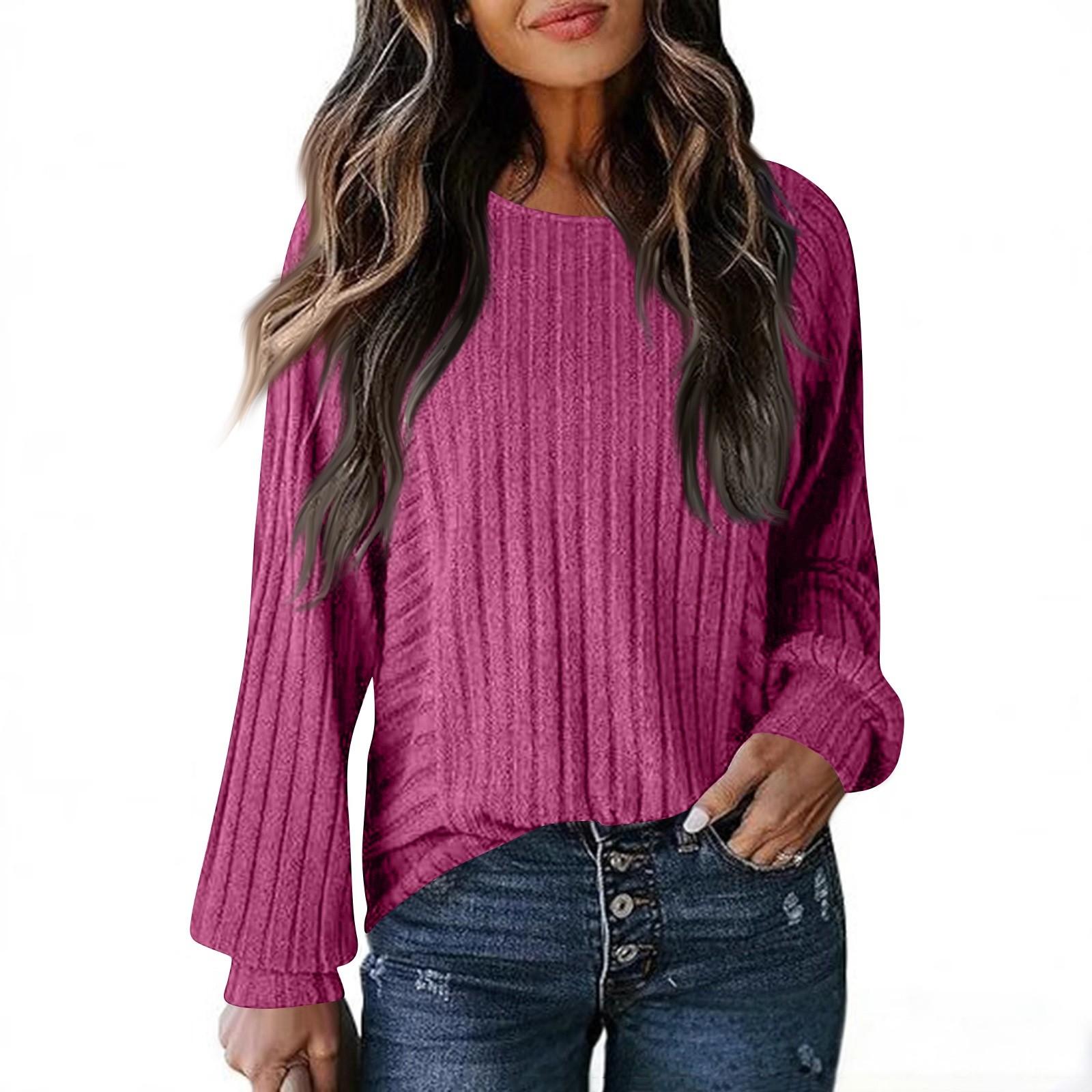 

Женская модная повседневная однотонная футболка с длинным рукавом, пуловер, топ с круглым вырезом XL горячий розовый