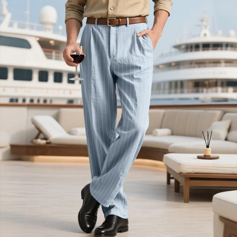 Loose Breathable Simple Striped Straight Suit Pants Spring and Autumn Linen Men's Casual Pants