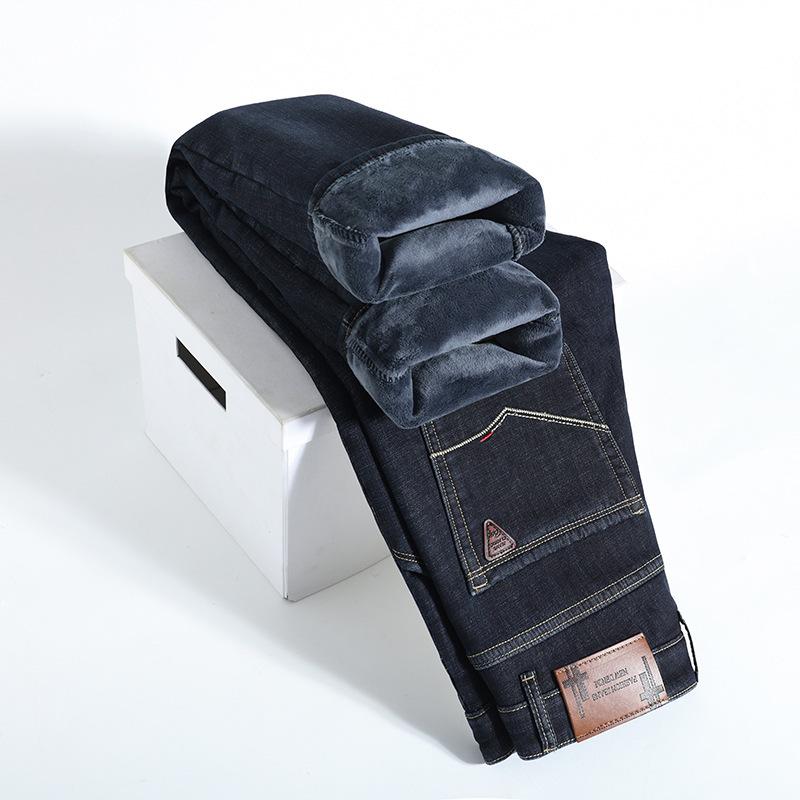 Spring and Autumn Jeans Straight Loose Fleece Thickened Warm Business Elastic Casual Pants