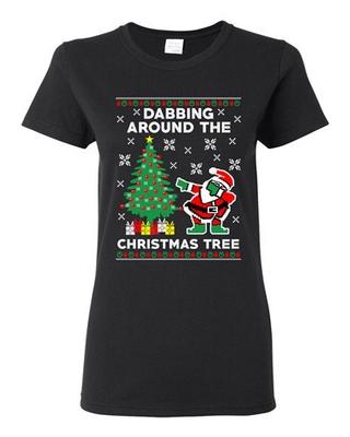Camiseta Unisex Divertida com Papai Noel Fazendo Dab ao Redor da Árvore de Natal Camiseta Ugly Xmas Funny DT