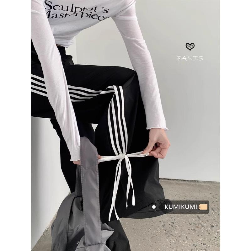 

Прямые повседневные брюки для женщин, свободные спортивные брюки с бантами на раннюю весну, черные брюки в пол, широкие брюки XL чёрный