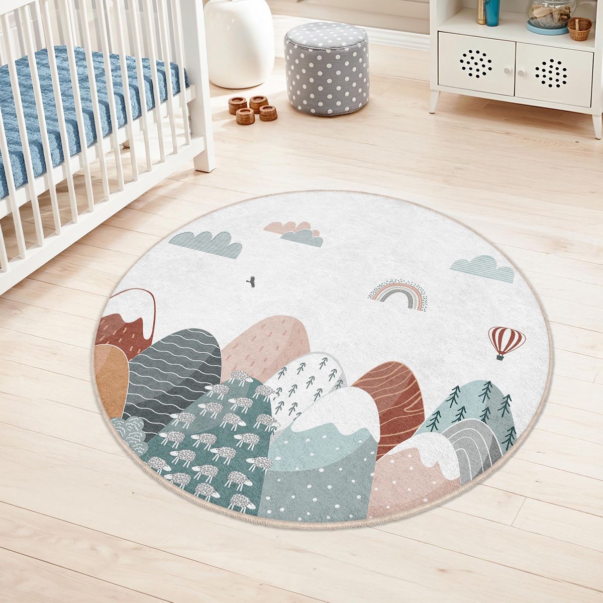 

Round Carpet Cartoon Mountain Rainbow Hot Air Balloon Smiling Sun Moon Star Cloud Vortex Art Design Rug For Kids Room Home Decor 80x80cm