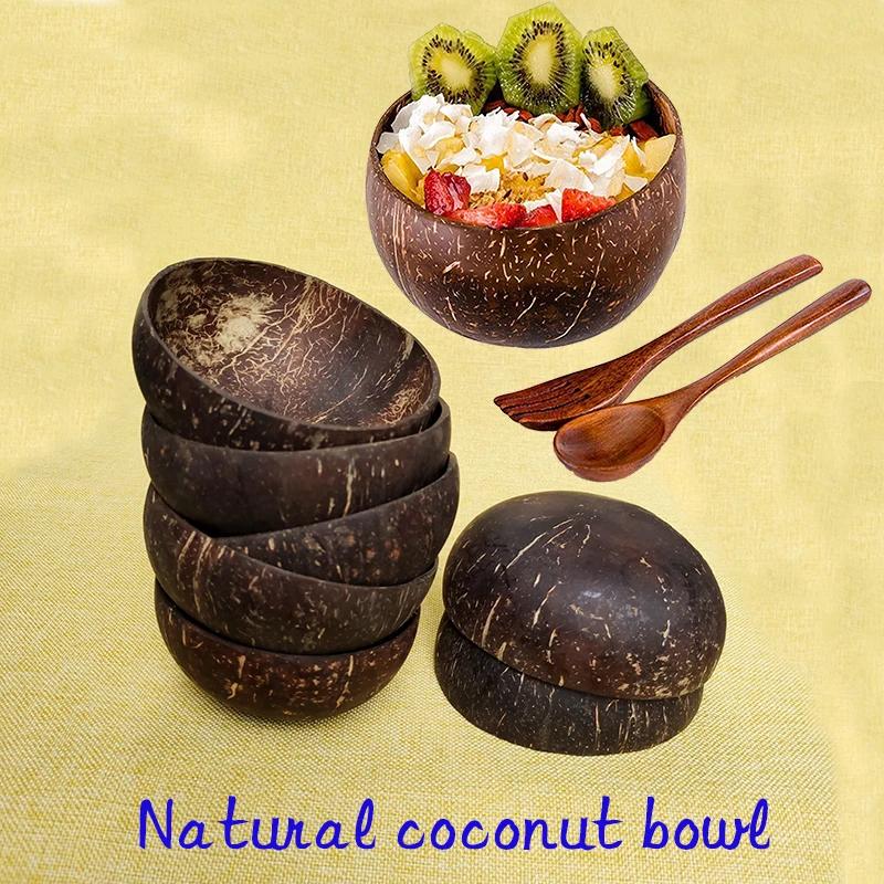Natural Coconut Bowl 12-15cm Handmade Wooden Tableware Wood Spoon Dessert Fruit Salad Mixing Rice Ramen Bowl Kitchen Dinnerware