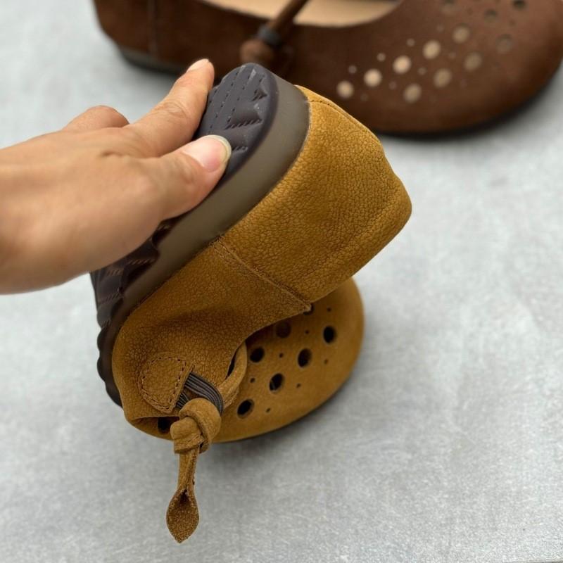 Johnature Handmade Genuine Leather Hollowed Out Women's Flat Shoes Retro Round Toe Soft Cowhide Sandals