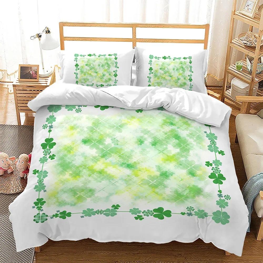 Lucky Green Leaves Four Leaf Shamrock Clover Comfortable Duvet Quilt Cover Pillowcase Bedding Set Children Bedroom Home Textile