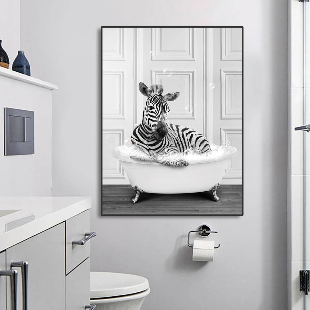 Animais Engraçados Arte de Parede Impressões de Pôster Girafa Banheira Pinguim Elefante Zebra Pintura em Tela Imagem para Quarto de Banho Quarto Decoração de Casa