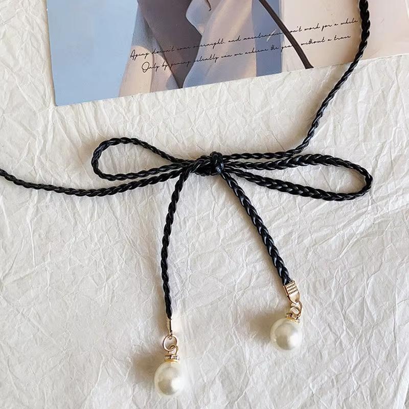 Elegant Braided Leather Pearl Belts For Women Lady Long Hemp Rope Thin Knot Waist Belt Bohemia Summer Tour Decor Waistband