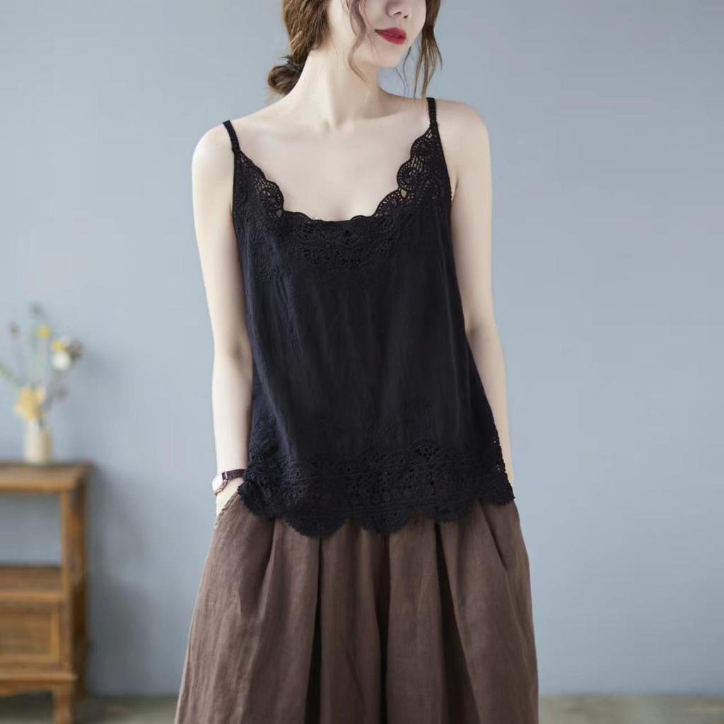 Women's Summer Lace Applique Tank Top – Sleeveless, Sexy, Loose Fit, Cotton with Edged Detailing