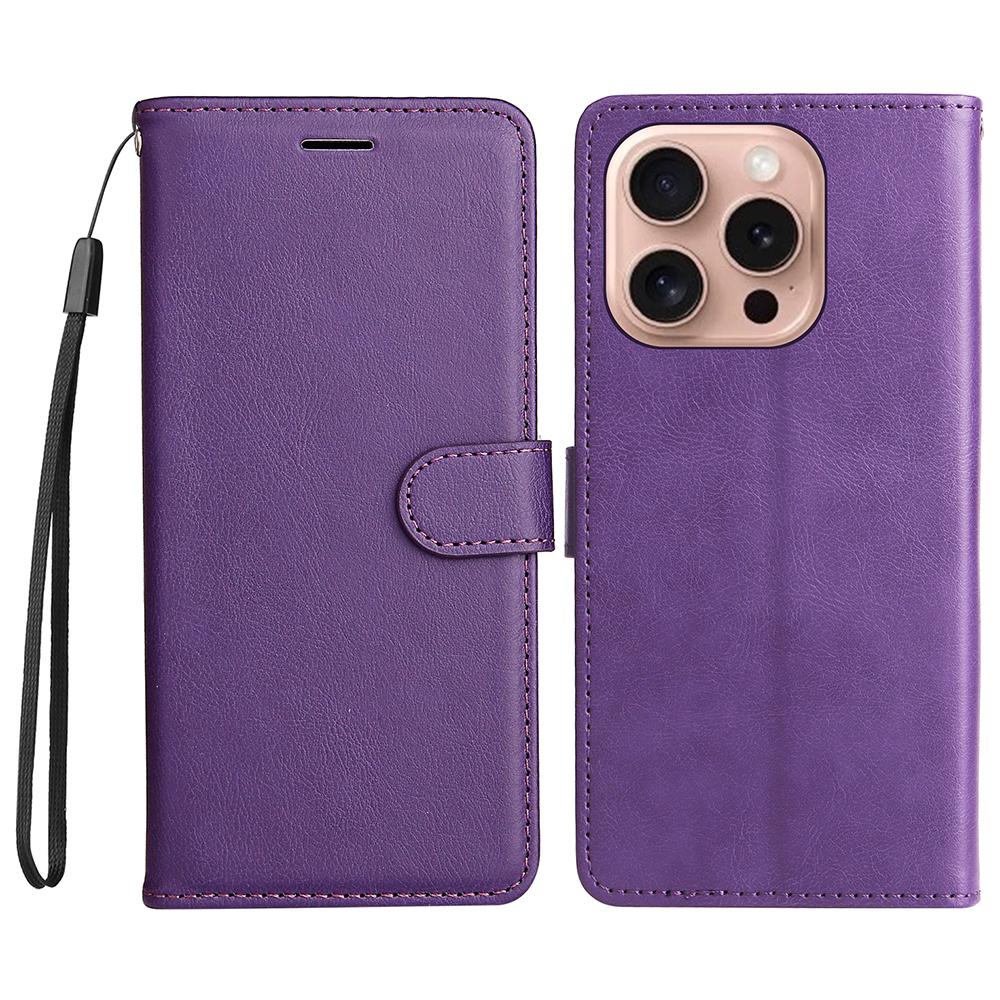 For iPhone 16 Pro Protective Case Solid Color Leather Mobile Cover Wallet Stand with Strap