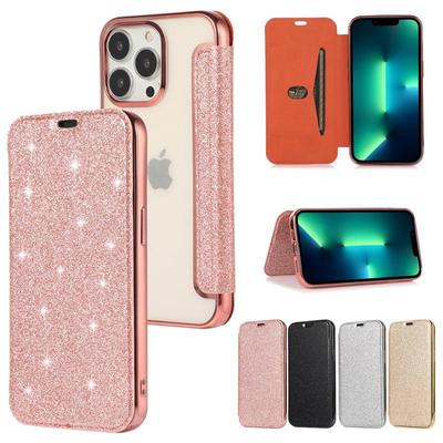 Glitzernde Lederhülle für iPhone 14 – galvanisierter transparenter TPU-Kartenhalter, modischer und umfassender Schutz.