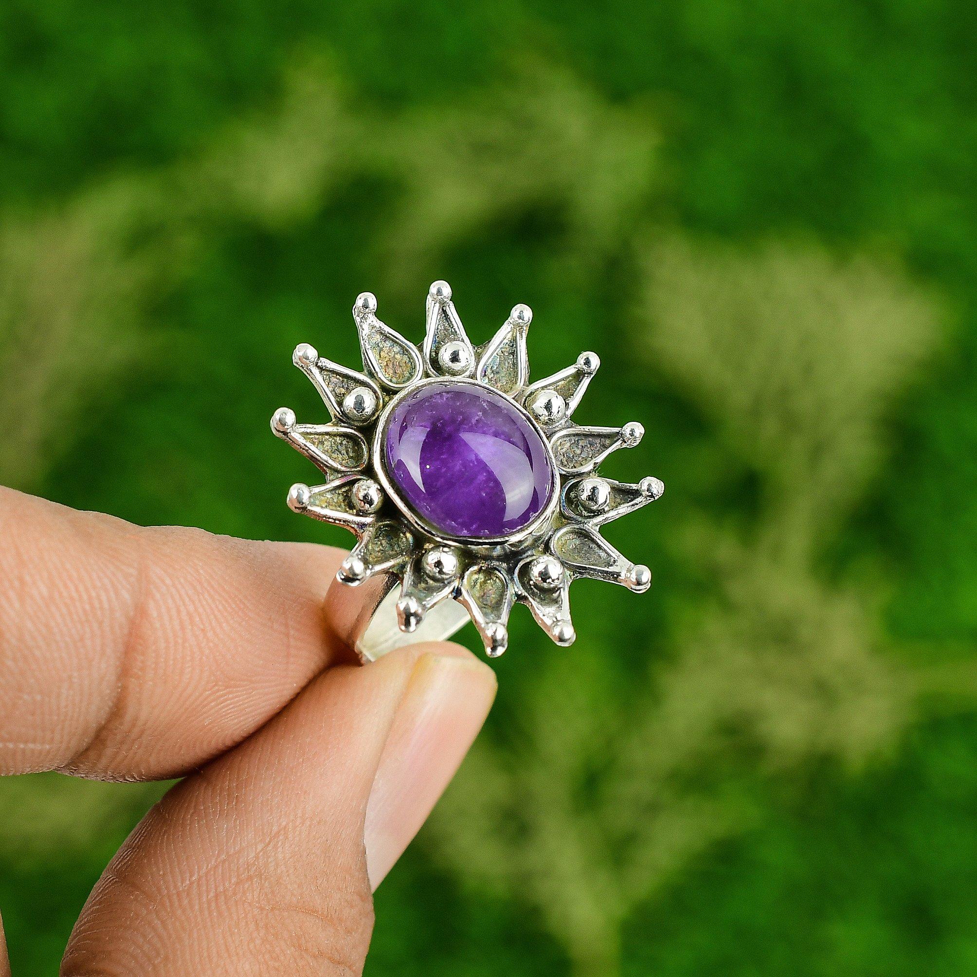 

925 Silver Natural African Amethyst Flower Statement Crown Chakra Ring Jewelry Adjustable
