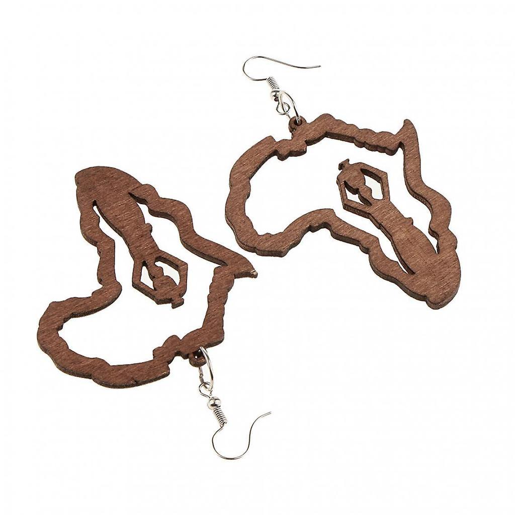 Vintage Ethnic Women Natural Wooden African Map Tribal Drop Earring Brown