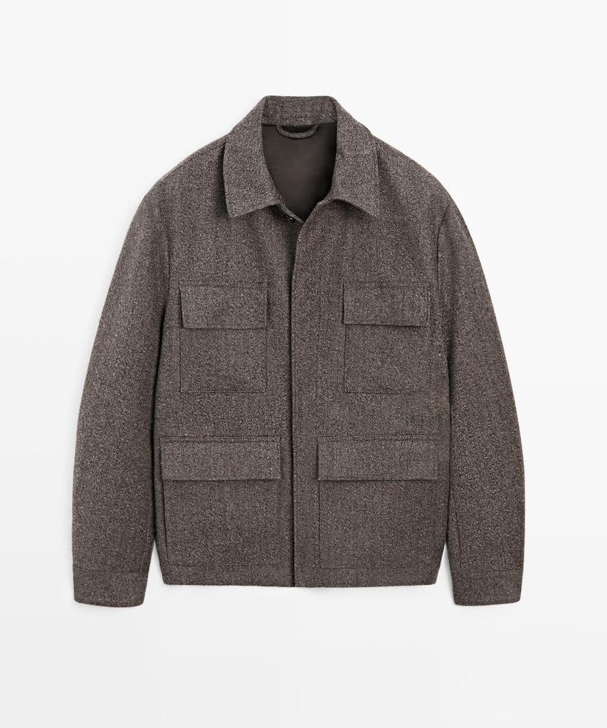Massimo Dutti Herringbone Wool Blend Cardigan