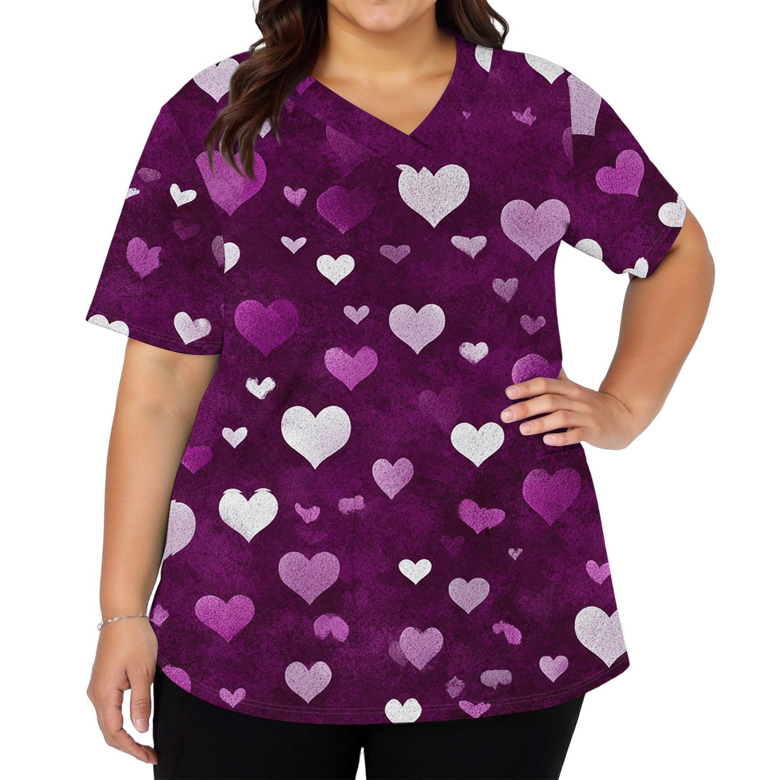

Women s Fashionable V,neck Short,Sleeved Work Top With Side Slits, Pockets, And Decorated With Valentine s Day Heart Elements And Heart Prints. XXXXL червоний