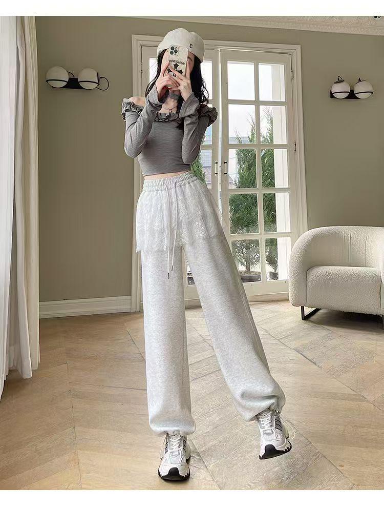 Women's High-Waisted Lace Patchwork Wide-Leg Sweatpants for Spring/Summer