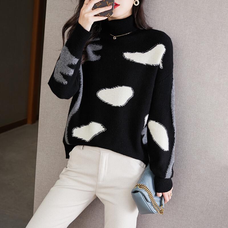 Women s Color-Block Pure Wool Semi-High Neck Sweater One Size
