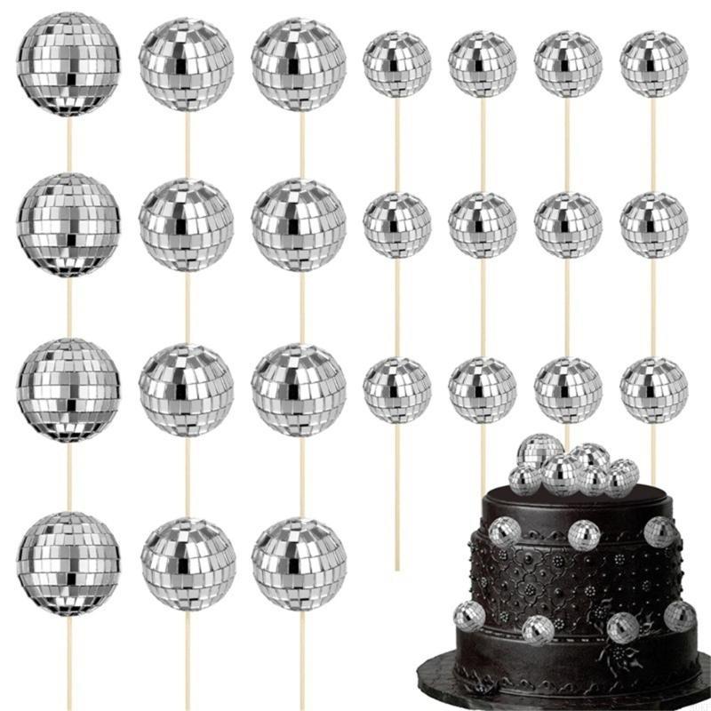 24pcs Discos Ball Cupcake Toppers Cake Decorations for Wedding Party Supplies A0KF