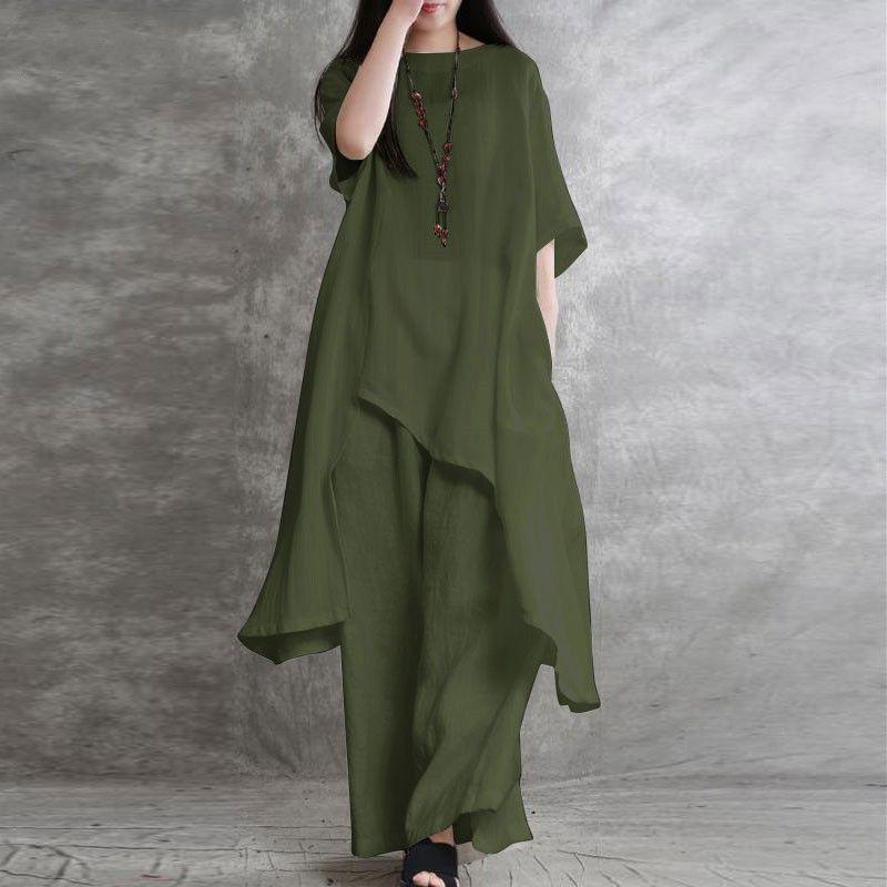 Loose Solid-Colored Top and Trousers Loose Solid Top Pants Two-piece Set