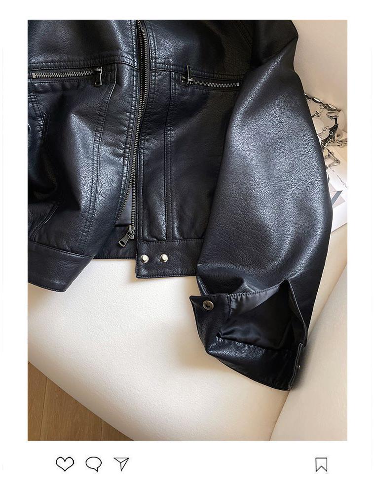 2025 Retro Hong Kong Style Women's PU Leather Motorcycle Jacket - Spring/Autumn, Short Petite Loose Fit, Stand Collar