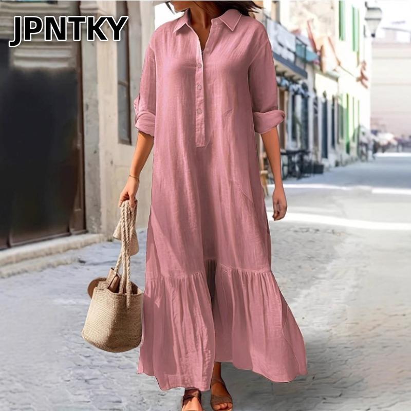 JPNTKY Fashion Spring Autumn Solid Color Print Long Sleeve POLO Neck Casual Dresses