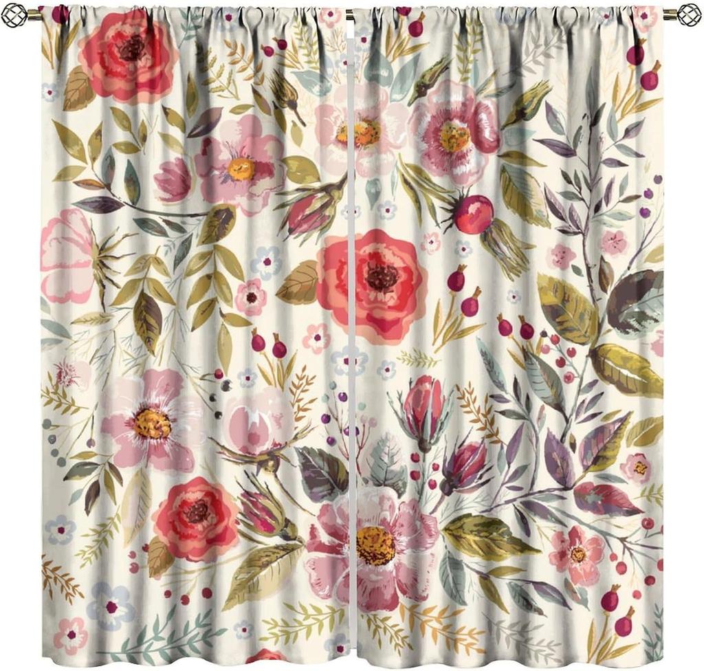 Floral Curta,Farmhouse Colorful Watercolor Wildflower Spring Flower Plant Botanical Pattern Decor Print Window Drapes For