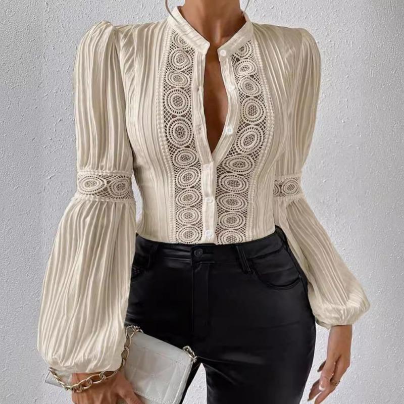 Moda Dantel Yama Fener Kol Vintage Büyük Beden Gömlekler Kadın Zarif Üstler Dik Yaka Oyuklu Casual Bol Bluz Kadın Düğmeli Slim Gömlek 26361