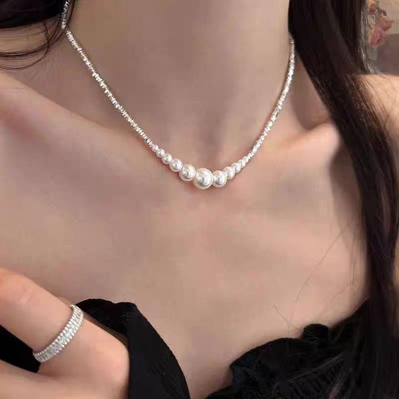 Серебряное жемчужное ожерелье с градиентом, жемчуг Шицзя, нишевое, с высоким темпераментом, модное, простое, ожерелье с разбитым бриллиантом