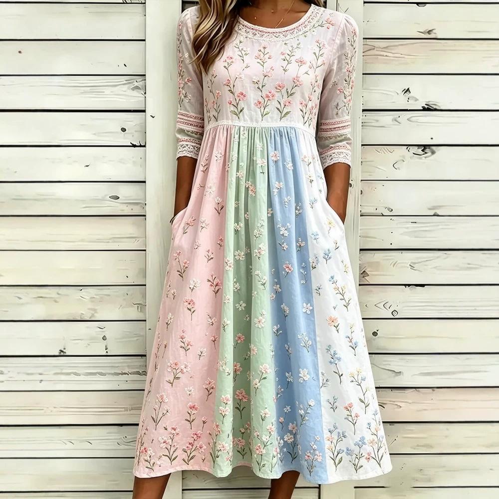Women's Crew Neck Long Sleeve Loose Fit A-Line Midi Dress Casual 3D Floral Print
