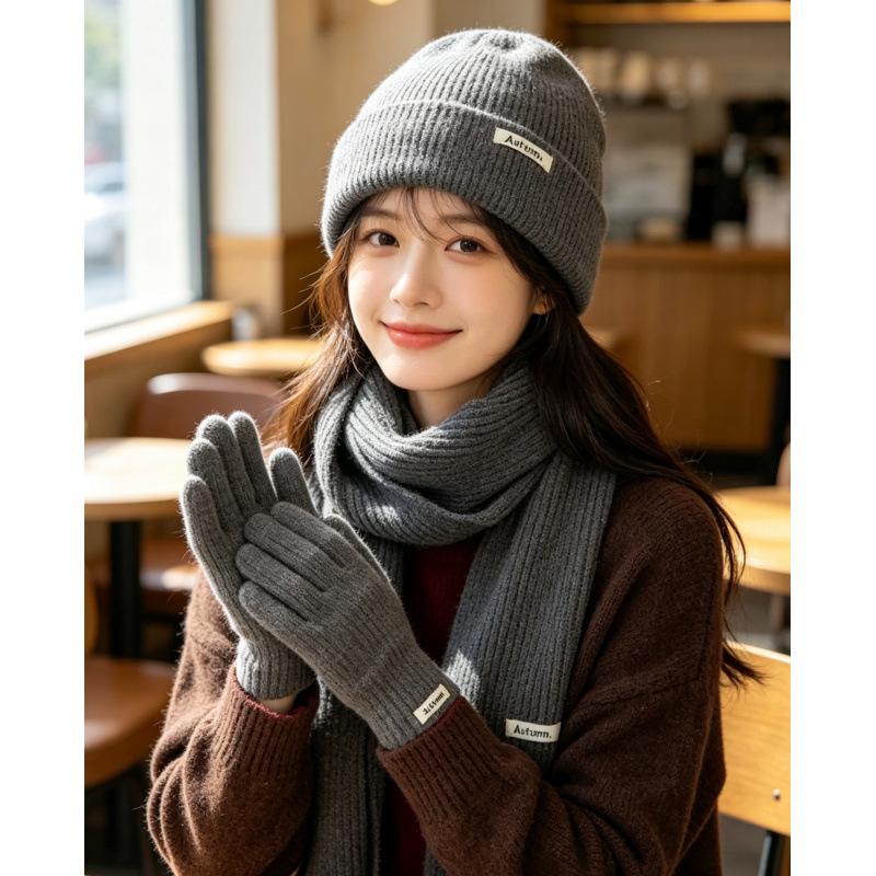 3Pcs Set Winter Hat Scarf Touchscreen Gloves Unisex Knitted Warm Beanie Neck Warmer Gloves Set For Autumn Winter Outdoor Daily Wear