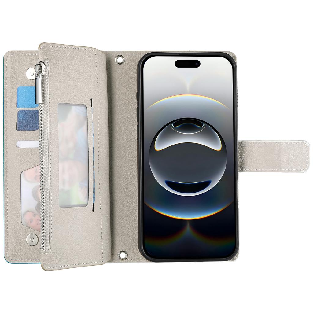 For iPhone 16 Pro Max Case Zipper Pocket Wallet Color Splicing Leather Flip Phone Cover with Straps