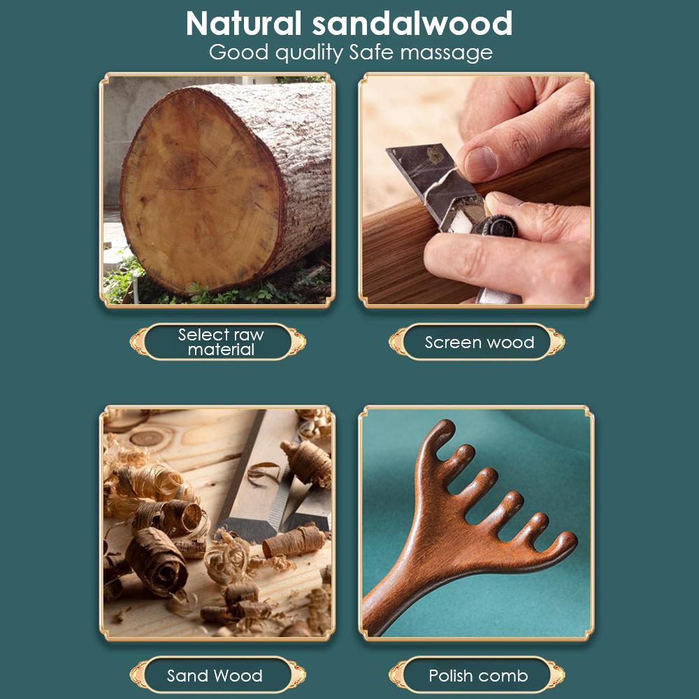 Natural Golden Sandalwood Six-Claw Scalp Massager Gua Sha Tool Back Scratcher Spa Handheld Meridian Massage Comb Hair Care