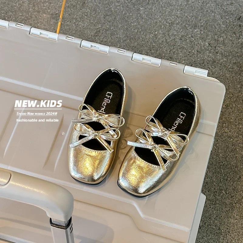2024 Children Leather Shoes for Girls Autumn New Fashion Princess Style Soft Bottom Sweet Bowtie Dancing Versatile Party Shoes