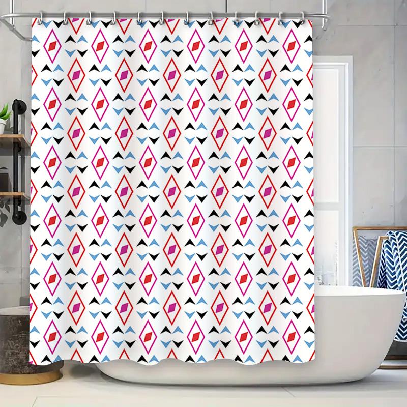 

Vibrant Geometric Print Shower Curtain White Fabric Bath Decor Pink Blue Accent Decorative Showershade for Home Decoration Size 90x180cm