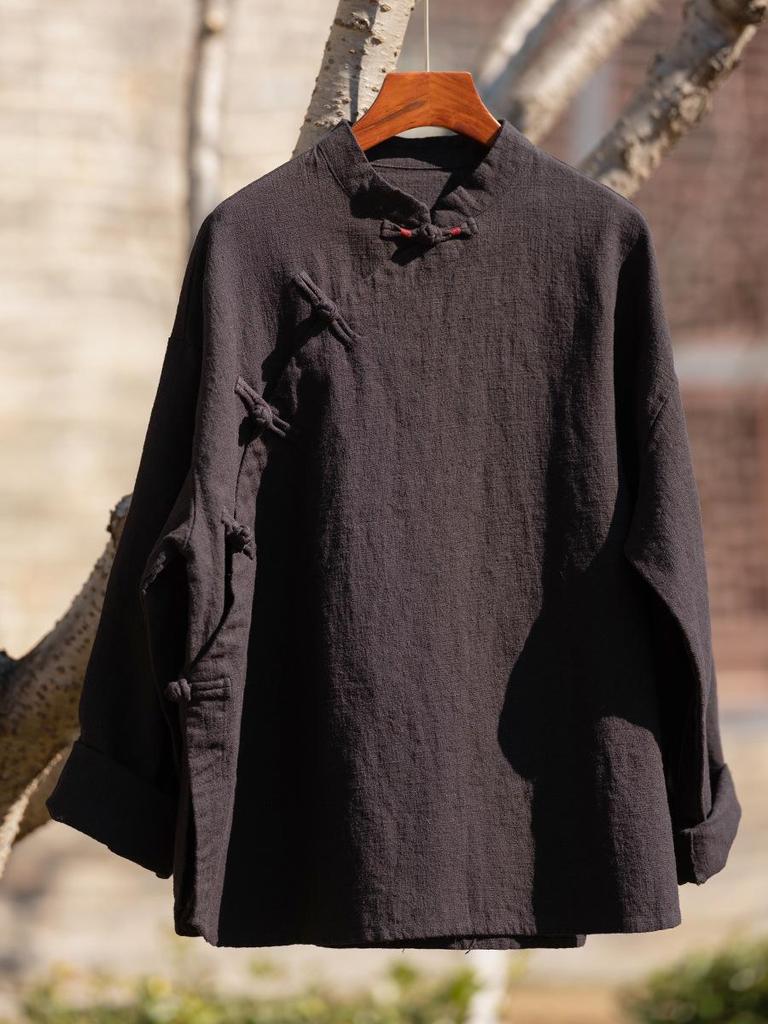 Spring Cotton Linen Women's Retro Handmade Wrapped Button Zen Tea Shirt