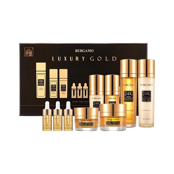 Bergamo Real 24K Gold 9pcs Set (Toner 150ml + Emulsion 150ml + Essence 50ml + Essence 50ml + Cream 50g + Eye Cream 30g + (Ampoule 13ml * 3))