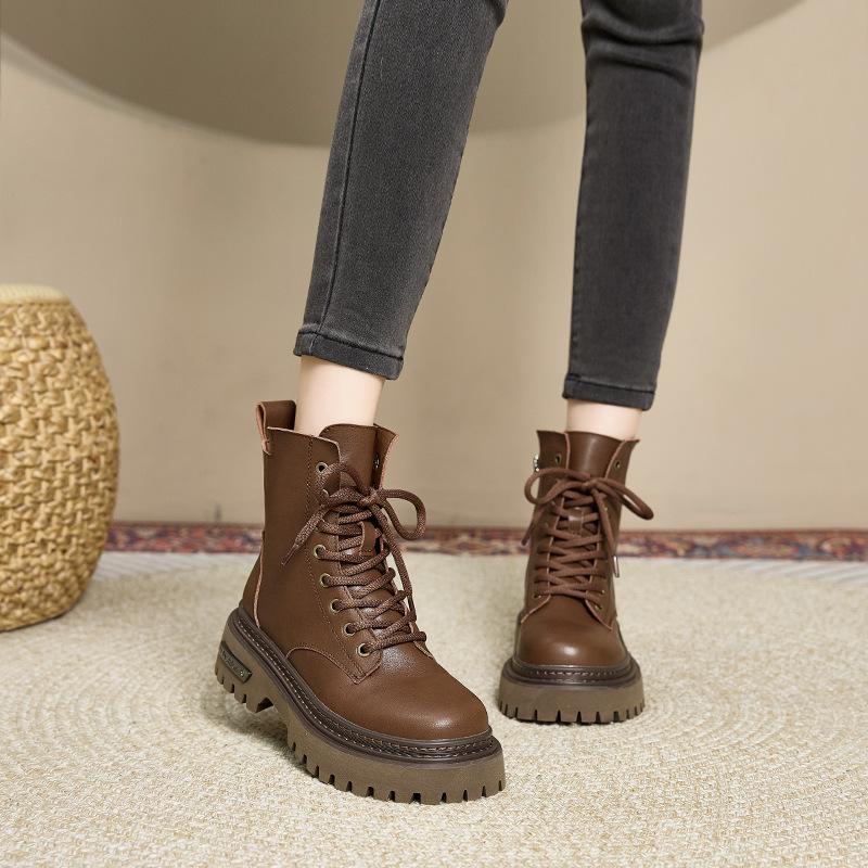 Women's Boots Martin Boots 2025 Autumn and Winter New Platform Zipper Lace-up Black Classic Short Boots Women's 2025 Velvet