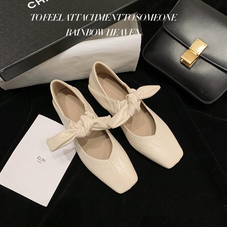 French bow Mary Jane shoes women's flat bottom square head single shoes women's 2025 spring new versatile leather women's shoes
