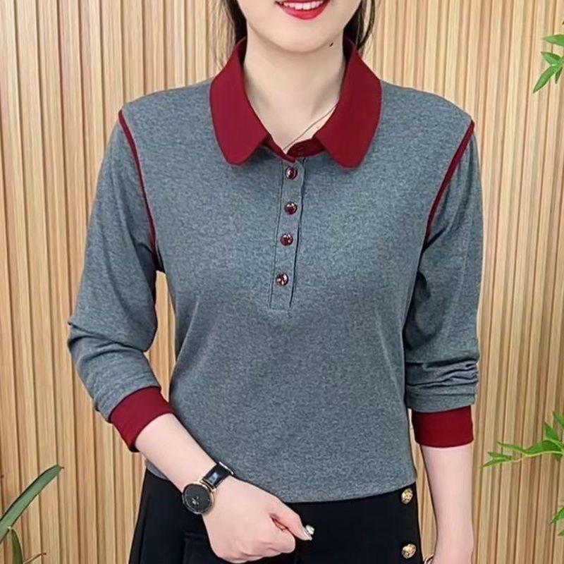 Podzimní tričko se stojáčkem a dlouhým rukávem, módní a všestranné, elegantní a mladistvé, vícebarevně sladěný dámský top