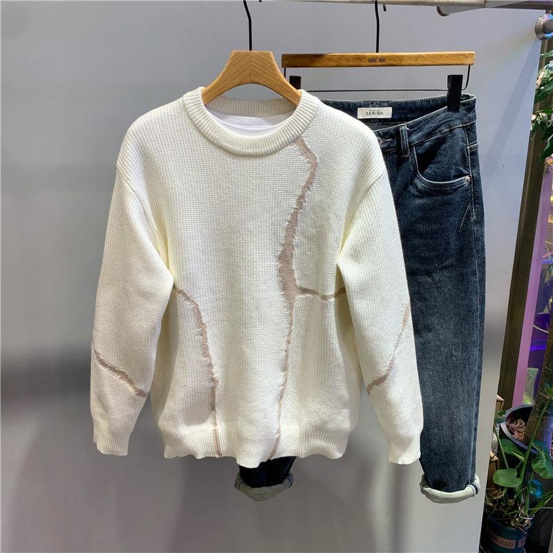 Men Autumn and Winter New Trendy Fashion Color Matching Loose Pullover Sweater Warm Casual Round Neck Bottoming Shirt