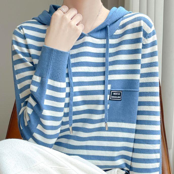 

Зимний модный мягкий свитер из чистой шерсти, осенний женский свитер с капюшоном и воротником в полоску, кашемировый свободный повседневный трикотажный базовый топ XL синий