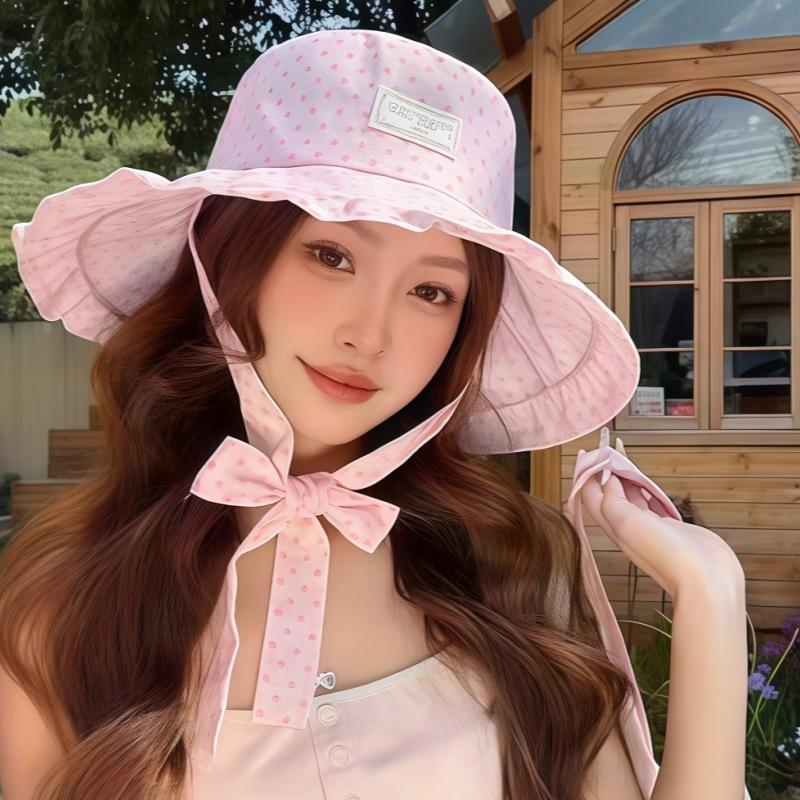 Cute Polka Dot Bucket Hat Wide Ruffled Brim Uv Protection Summer Beach Travel Outdoor Use