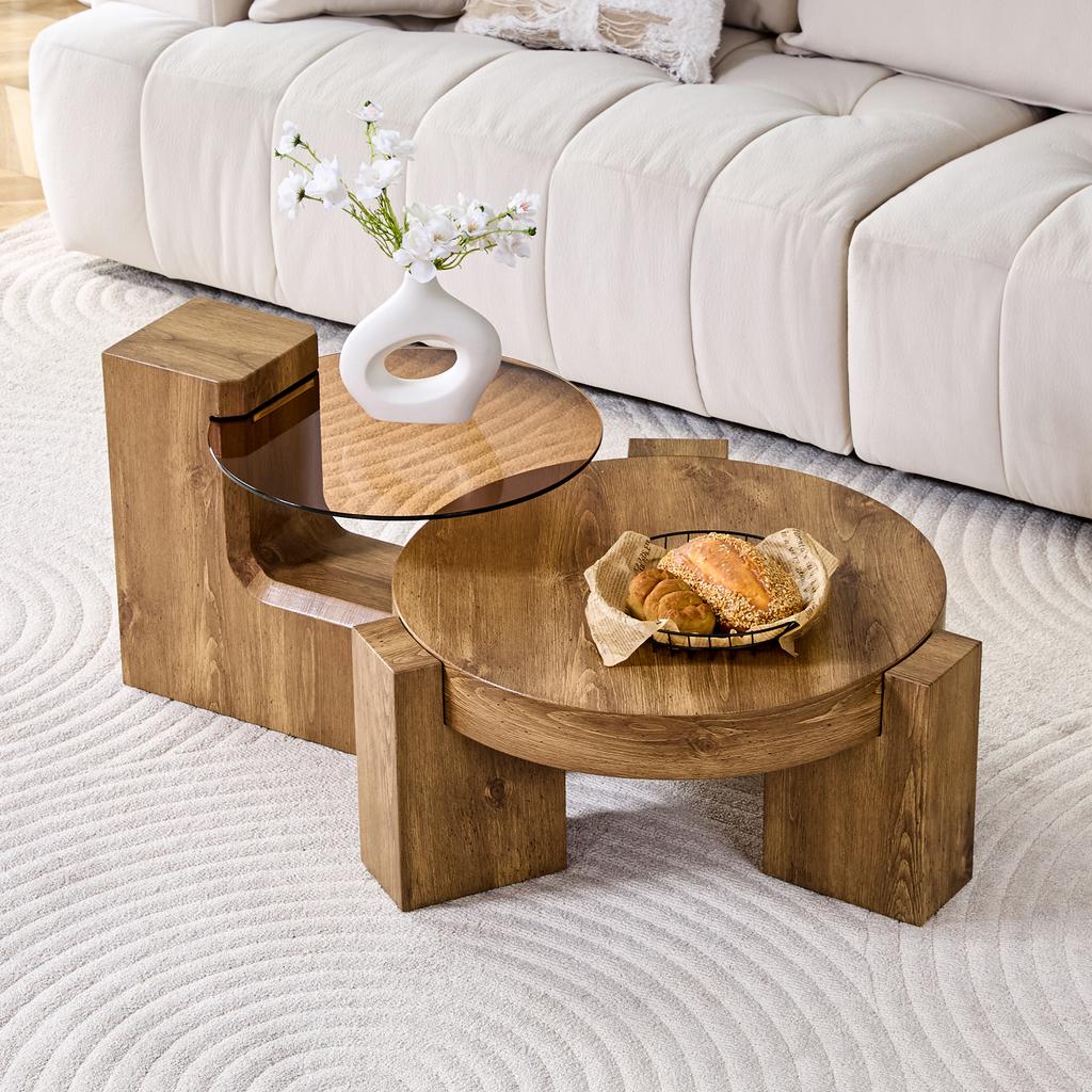 [Separable Coffee Table Set] MDF Wood-Look + 0.6 Cm Brown-Tinted Safety Glass - Combined As a Coffee Table / Split Into Two Side Tables.